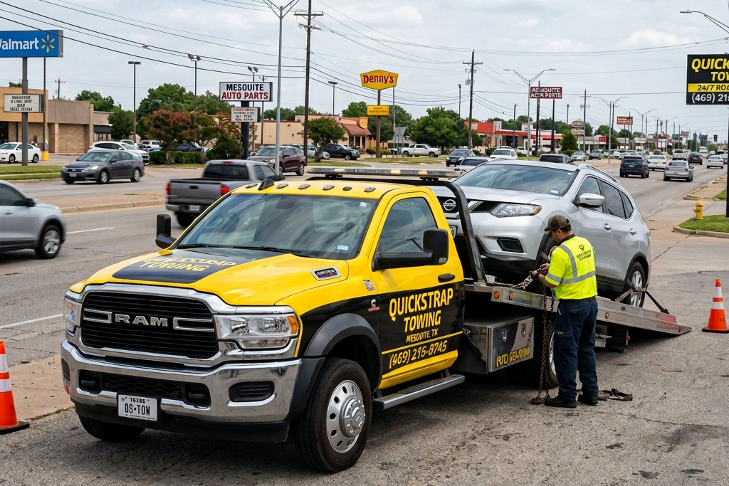 Yellow Quickstrap Towing RAM truck loading silver SUV on flatbed