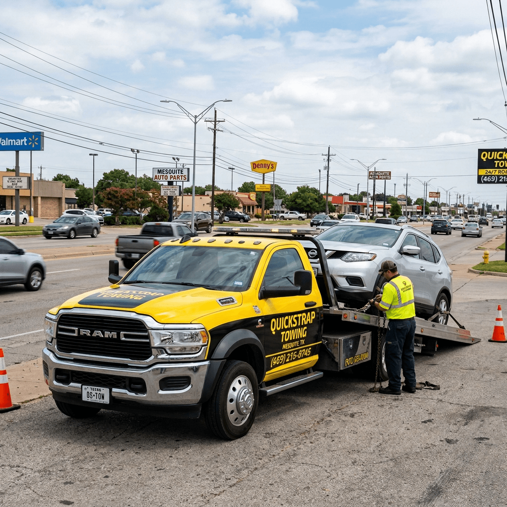 Yellow Quickstrap Towing RAM truck loading silver SUV on flatbed