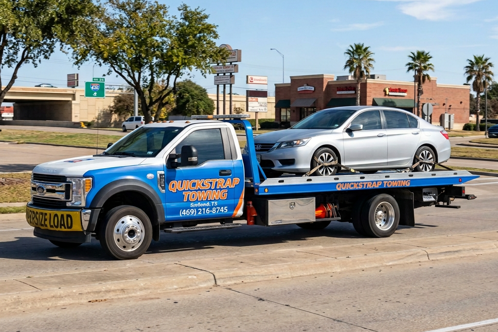 Blue and white flatbed tow truck with Quickstrap Towing branding carrying a silver sedan car secured with straps
