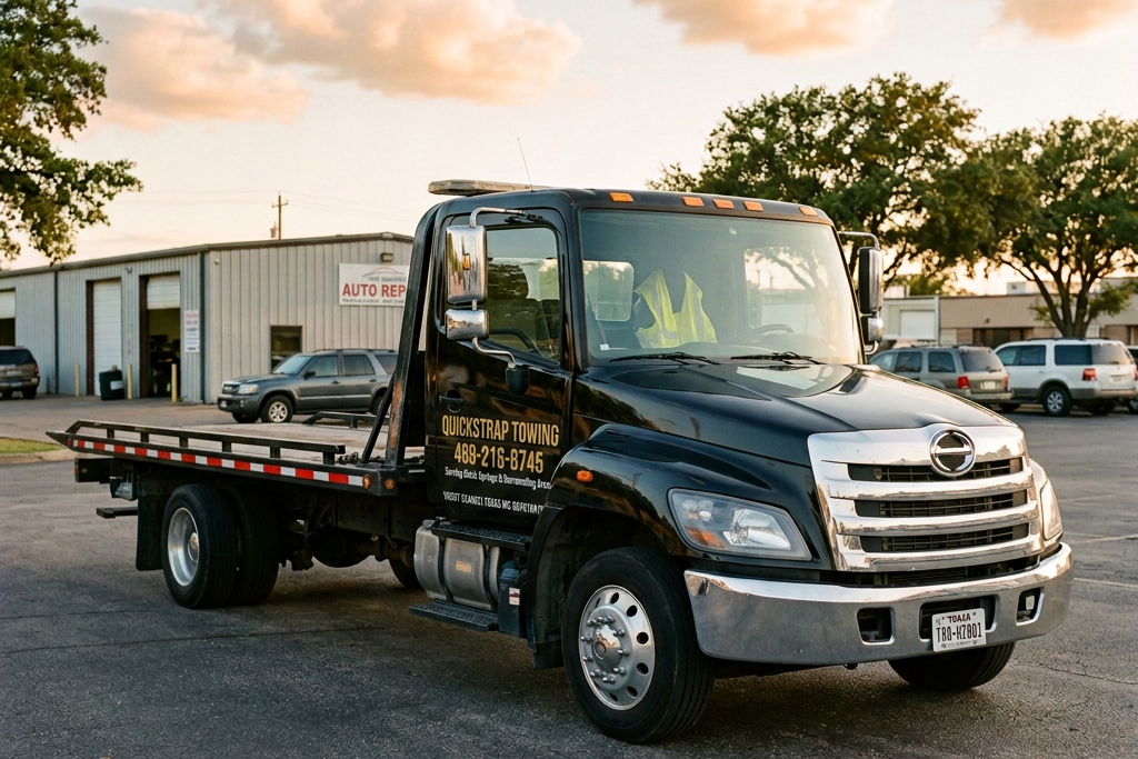 Black flatbed tow truck with Balch Springs Towing & Recovery logo parked outside an auto repair building