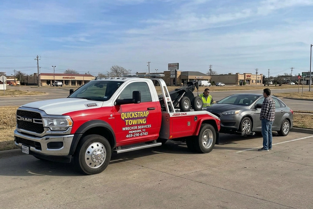 Tow truck preparing to tow a gray sedan with two men standing beside it