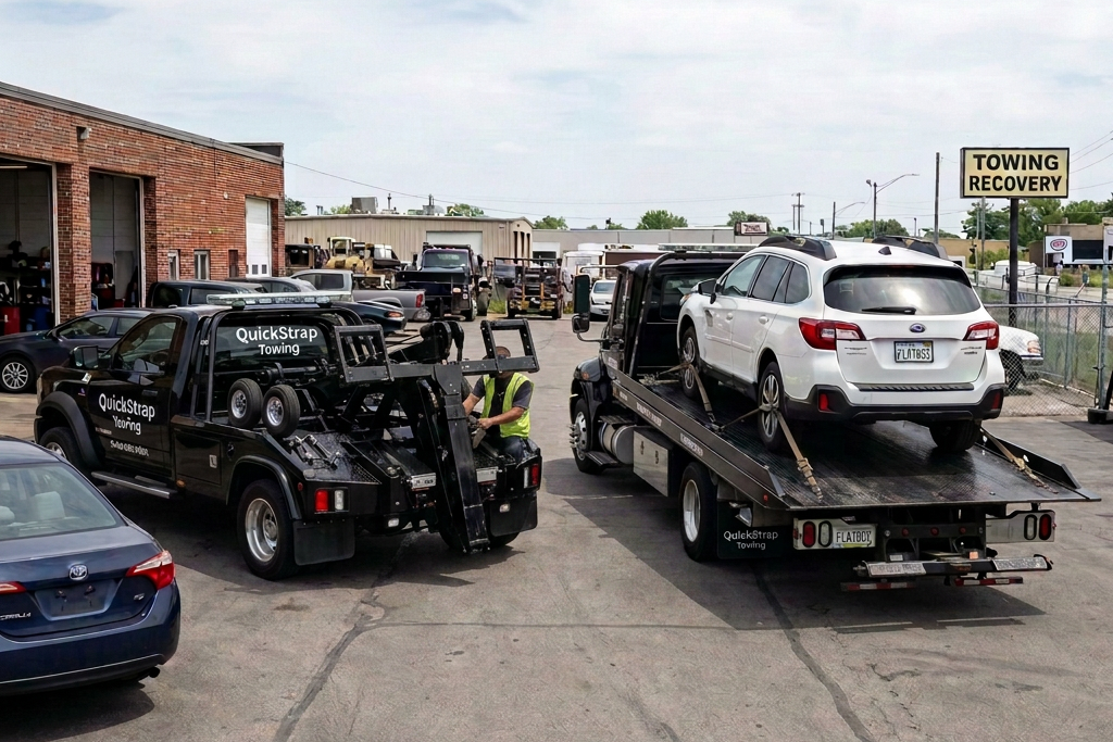 Tow truck operator working on red tow truck near flatbed carrying white SUV