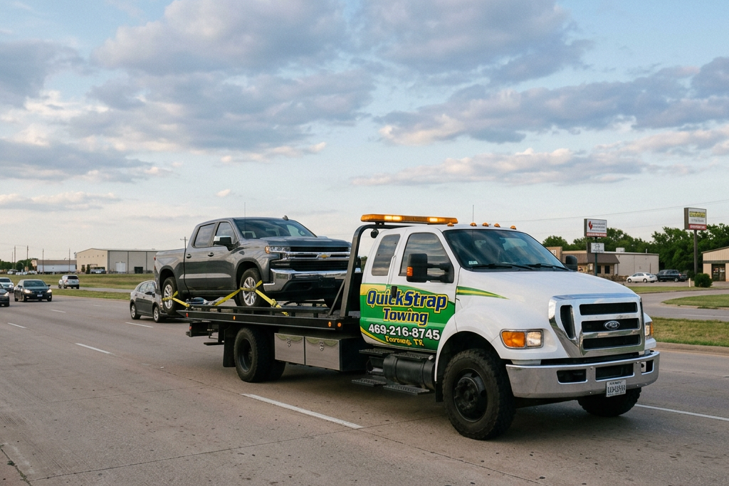 White flatbed tow truck with QuickStrap Towing logo carrying gray pickup truck secured with straps