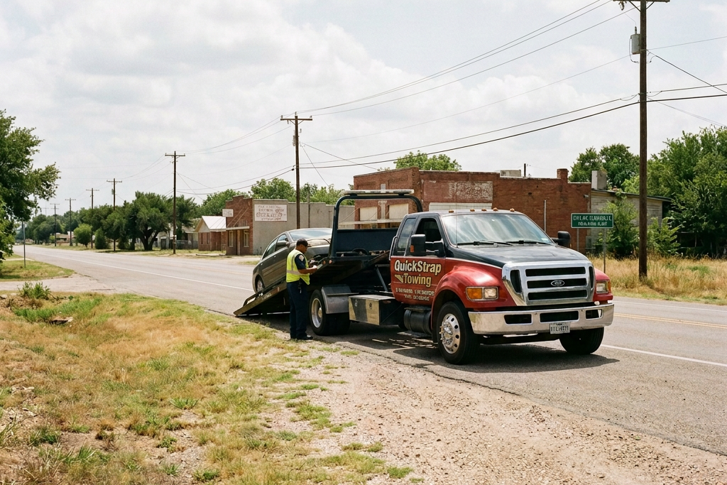Tow truck loading a car on a gravel roadside with operator standing nearby