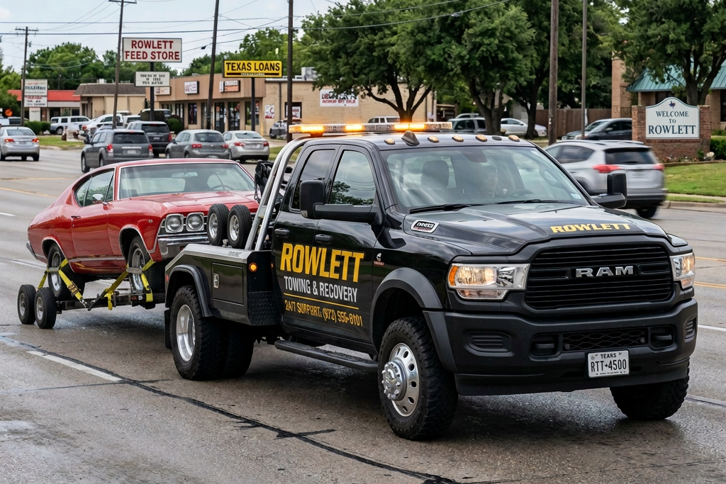 Black Rowlett towing truck towing silver SUV on city street