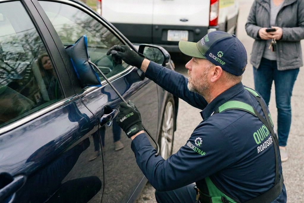 Locksmith using tools to unlock a car door while a woman watches nearby