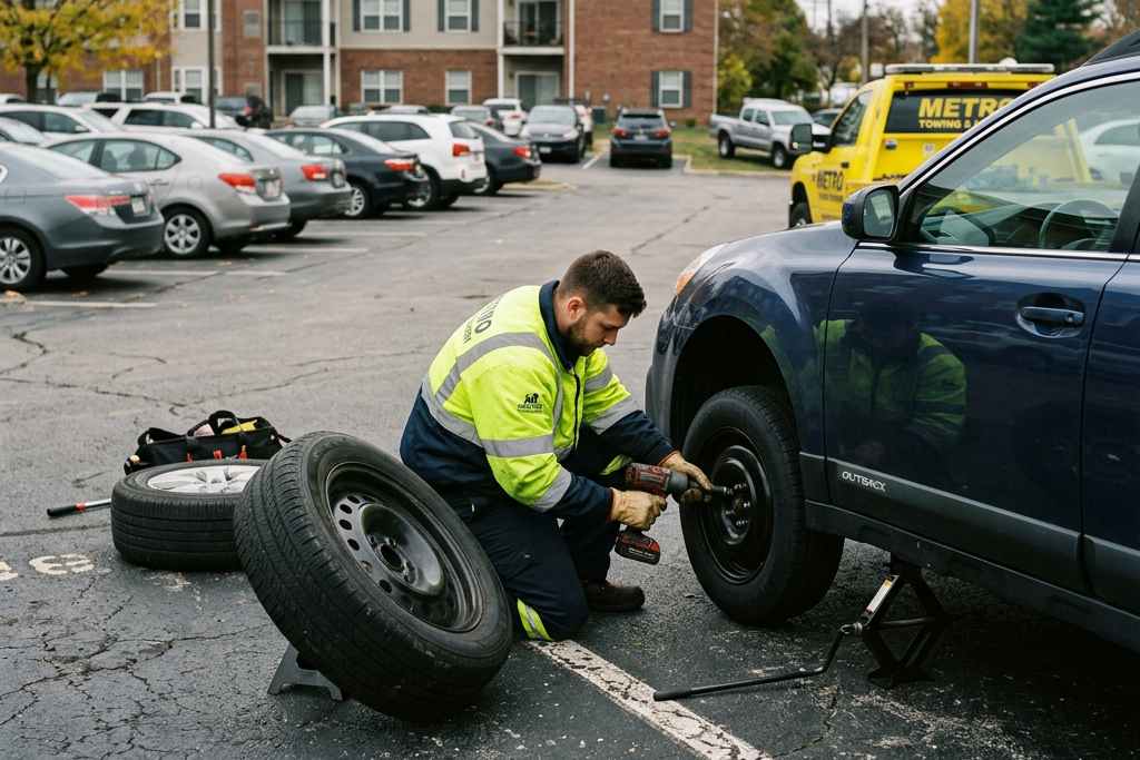 Technician using a power tool to change a tire on a dark blue car in a parking lot